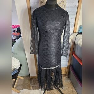 Vtg 80's Elegant Whimsigoth Black Floral Lace Long Sleeve Midi Dress